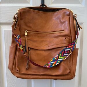 Brown Leather Women Bag with Colorful Strap